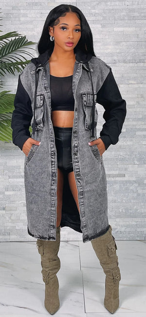 OVERSIZED HOODED DENIM LONG JACKET