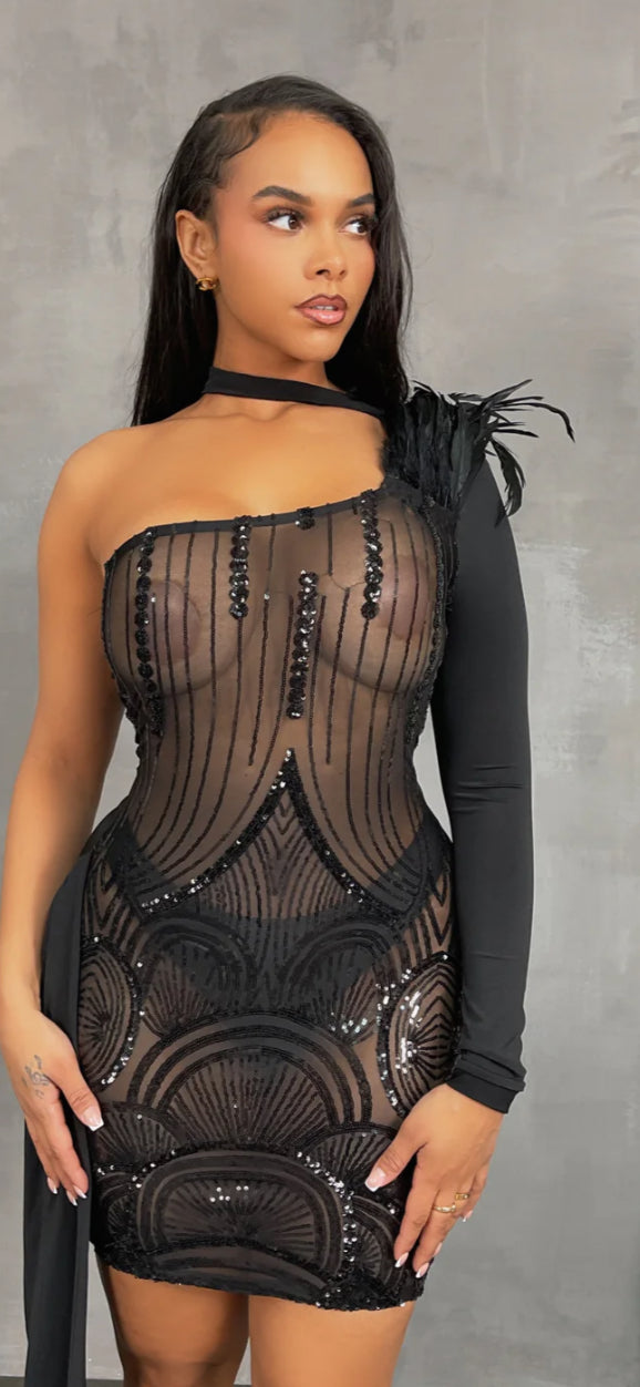 SEQUIN PLUME DETAIL MINI DRESS