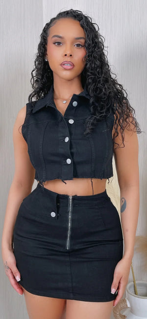 DENIM COLLAR VEST & SKIRT SET