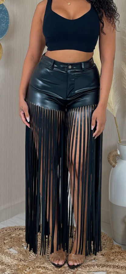 FAUX LEATHER FRINGE SHORTS