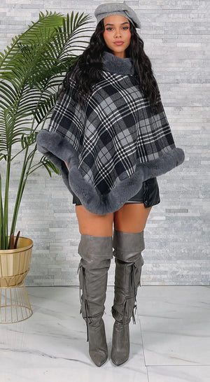 CHECKERED FUR PONCHO (OS)