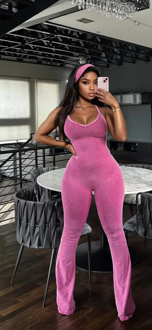 SPAGHETTI STRAP V NECK JUMPSUIT WITH HEADBAND