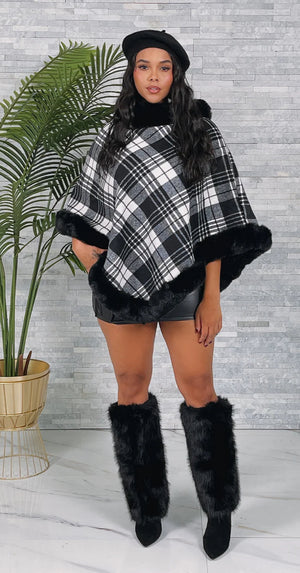 CHECKERED FUR PONCHO (OS)