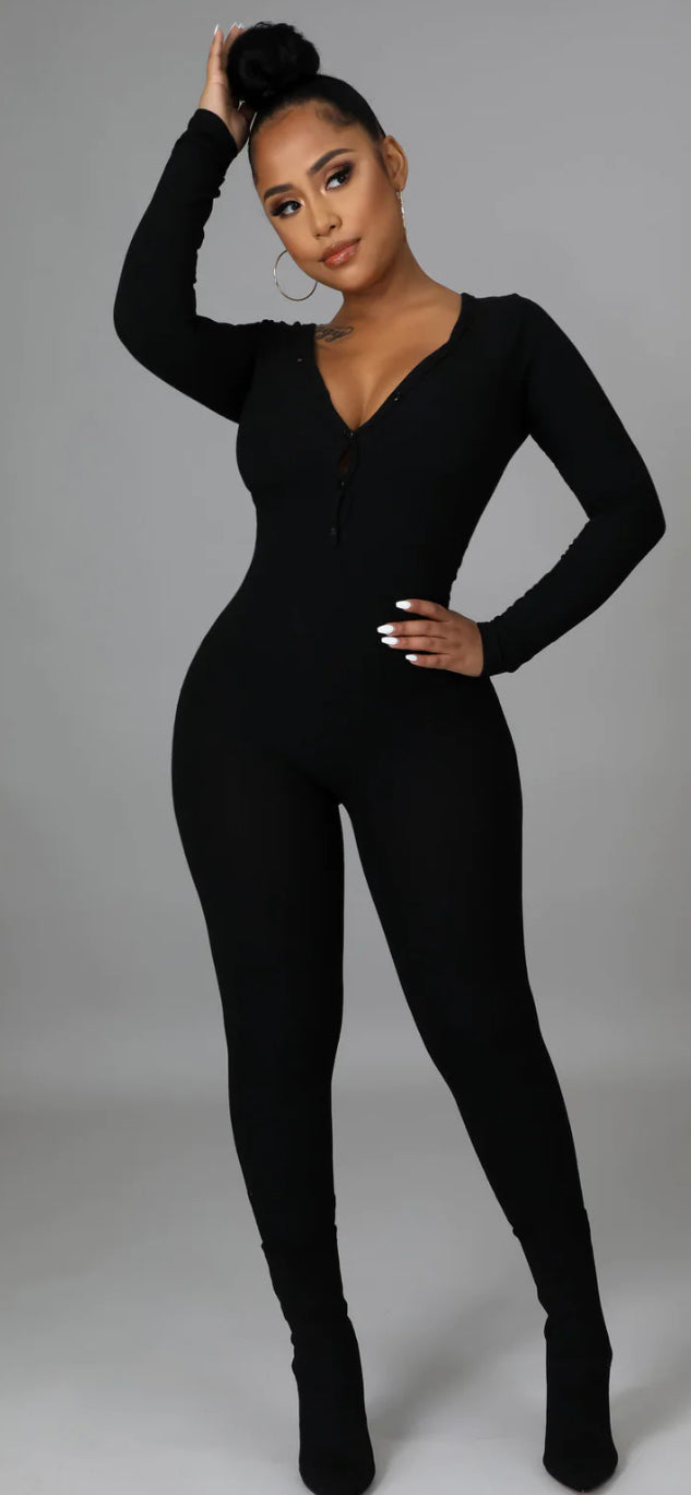 RIB DEEP V NECK FRONT BUTTON JUMPSUIT