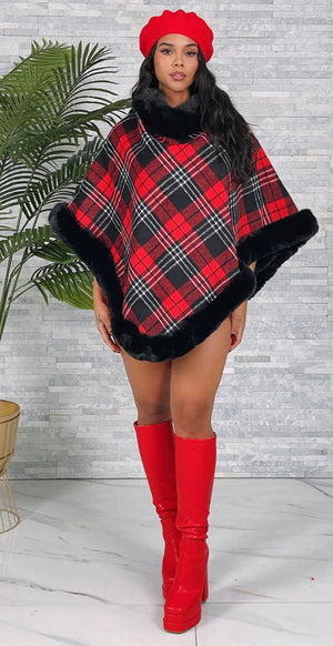 CHECKERED FUR PONCHO (OS)