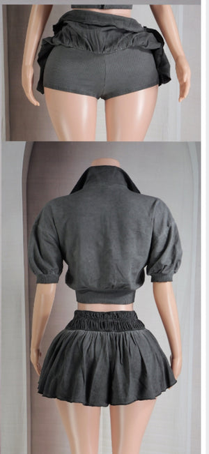 oil wash zip up cropped jacket and ruffle skirt with inner short set