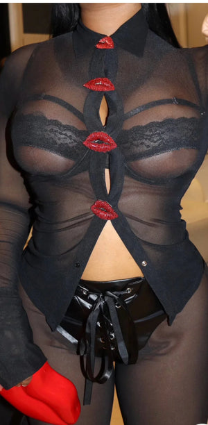 MESH BUTTON TOP & LEGGINGS SET W/BROOCH (PREORDER)