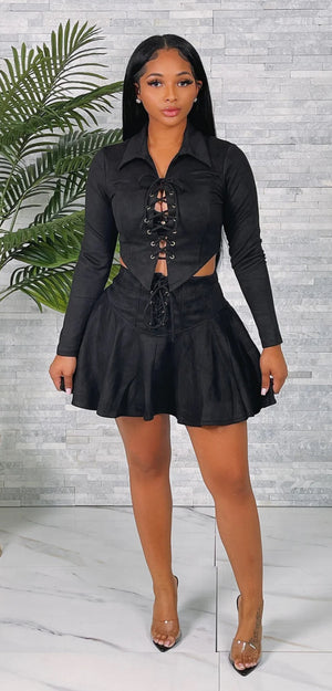 SUEDE LACE UP TOP & SKIRT SET