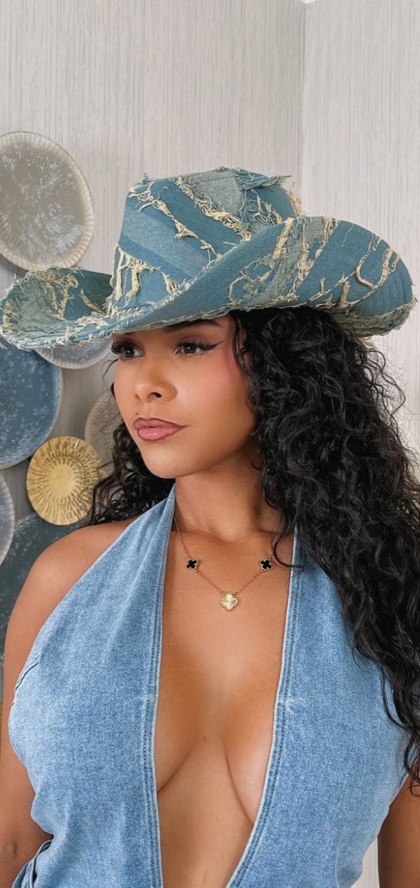 F.A.S.T Boutique Blue/one size DENIM DISTRESSED COWBOY HAT
