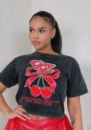 F.A.S.T Boutique CHERRY RHINESTONE CROP TSHIRT