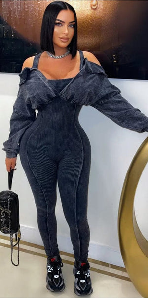 F.A.S.T Boutique CUT OUT SHOULDER RIB JUMPSUIT BLACK