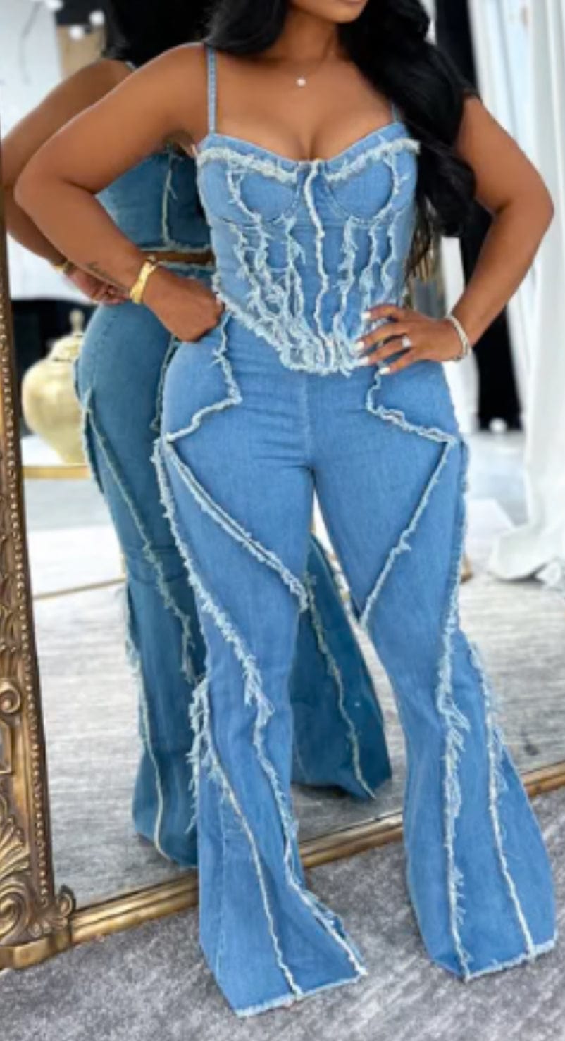 F.A.S.T Boutique DISTRESSED DENIM THIN STRAP TOP & PANTS SET(Pre-Order)