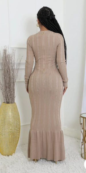 F.A.S.T Boutique KHAKI KNIT LS ZIPPER BACK MERMAID DRESS