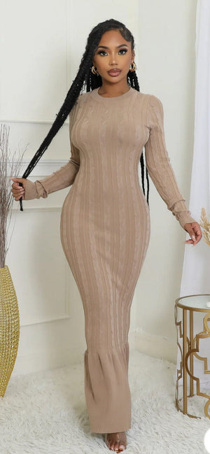 F.A.S.T Boutique KHAKI KNIT LS ZIPPER BACK MERMAID DRESS
