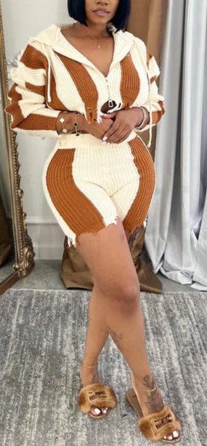 F.A.S.T Boutique Knit Stripe Crop Hoddie&Shorts Set