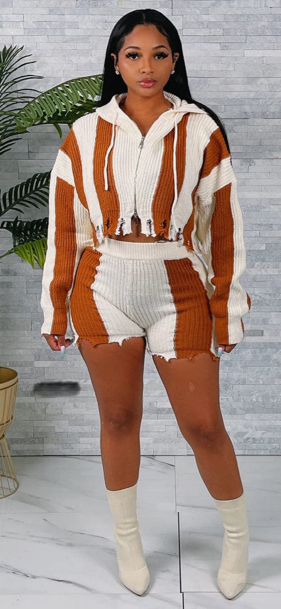 F.A.S.T Boutique Knit Stripe Crop Hoddie&Shorts Set