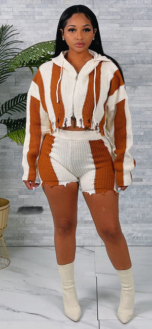 F.A.S.T Boutique Knit Stripe Crop Hoddie&Shorts Set