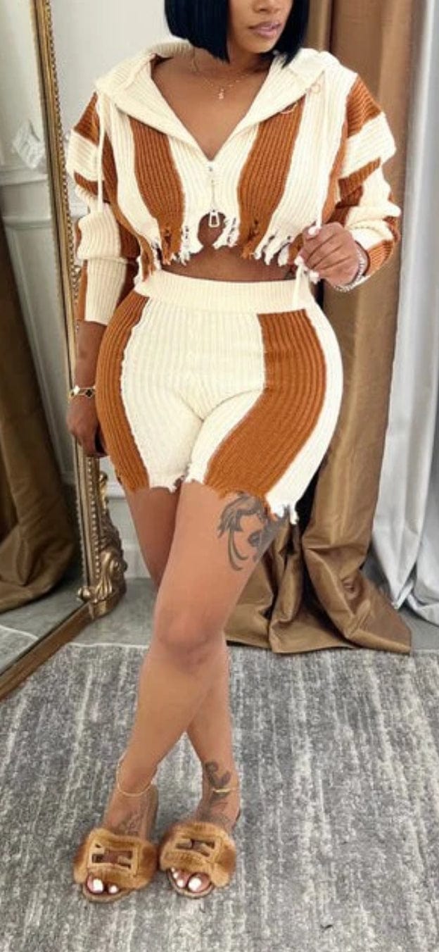 F.A.S.T Boutique Knit Stripe Crop Hoddie&Shorts Set