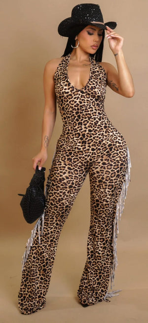 F.A.S.T Boutique LEOPARD HALTER SIDE FRINGE JUMPSUIT