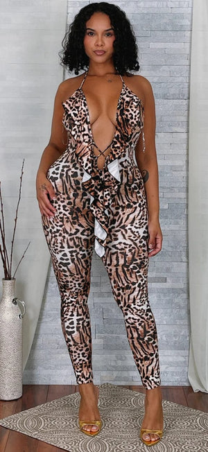 F.A.S.T Boutique LEOPARD PRINT RUFFLED HALTER JUMPSUIT