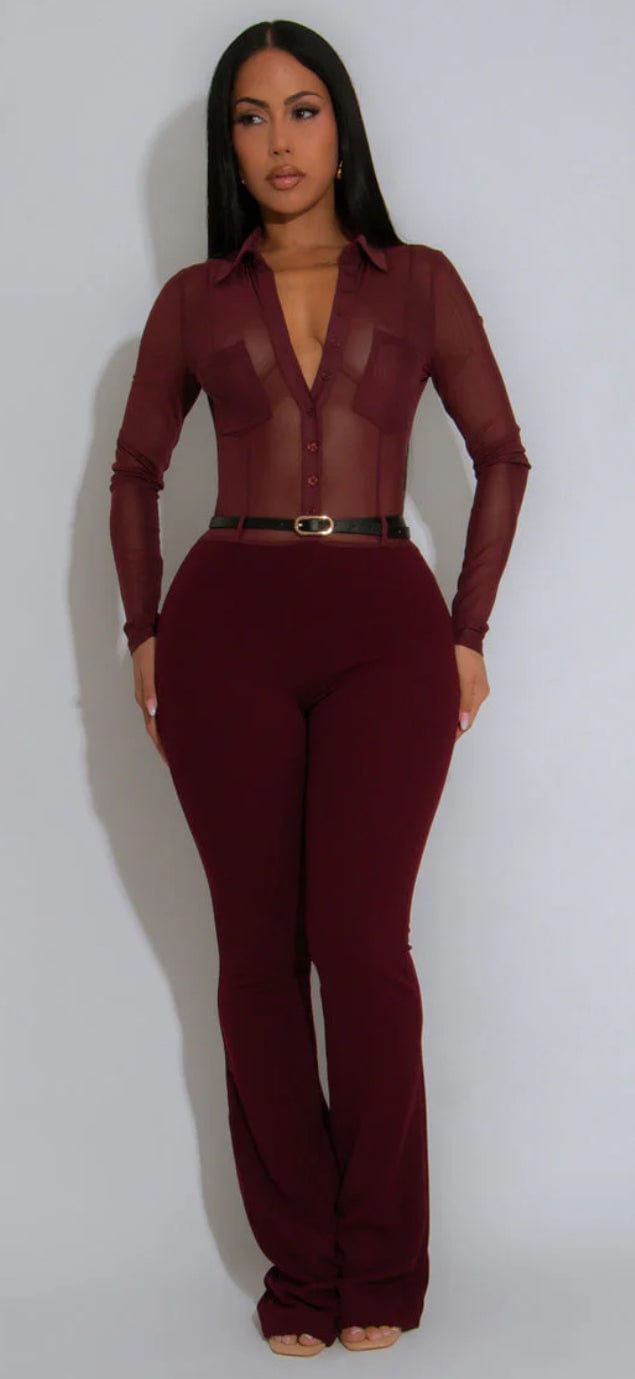 F.A.S.T Boutique MESH COLLAR TOP WITH BELT JUMPSUIT(Pre-Order)