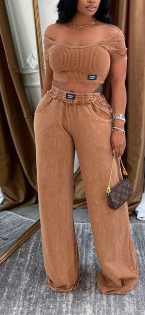 F.A.S.T Boutique MINERAL WASH CROPPED TOP & PANTS SET