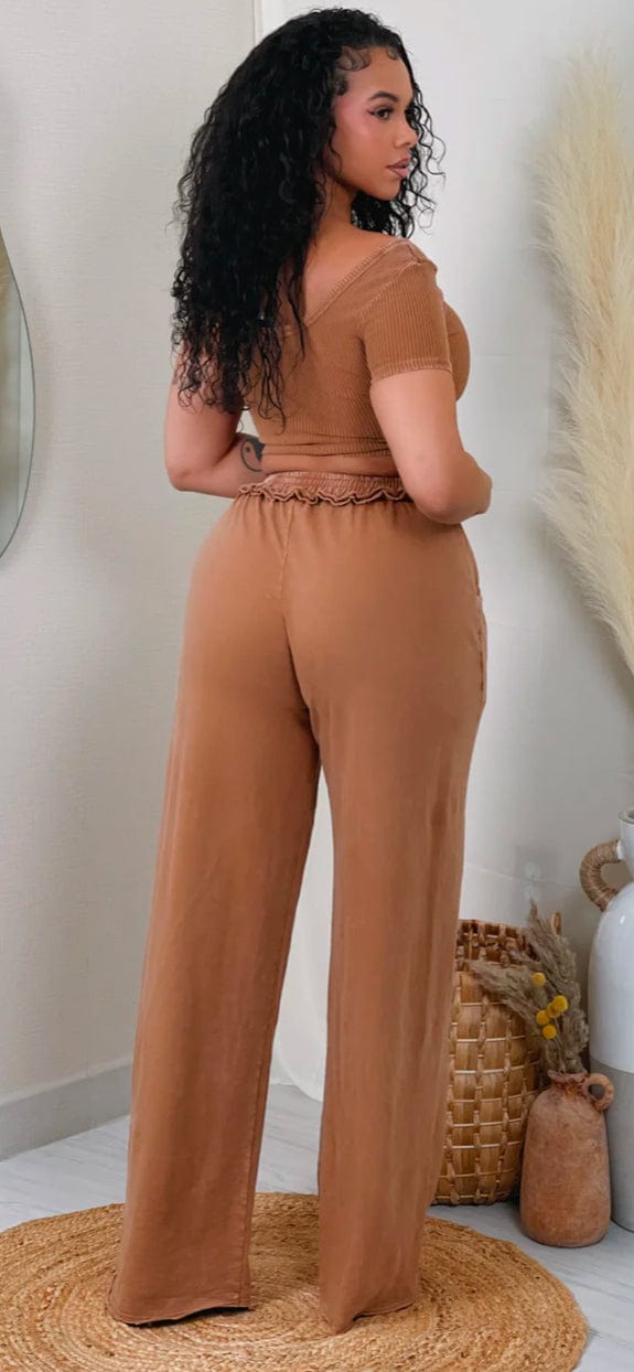 F.A.S.T Boutique MINERAL WASH CROPPED TOP & PANTS SET