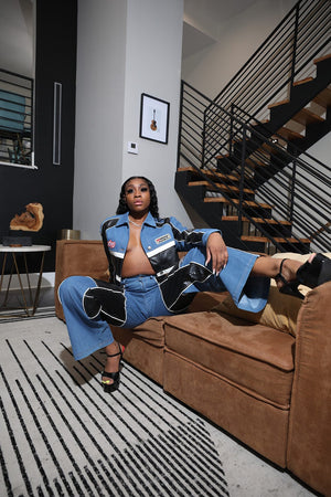 F.A.S.T Boutique PU CONTRAST DENIM JACKET & PANTS SET