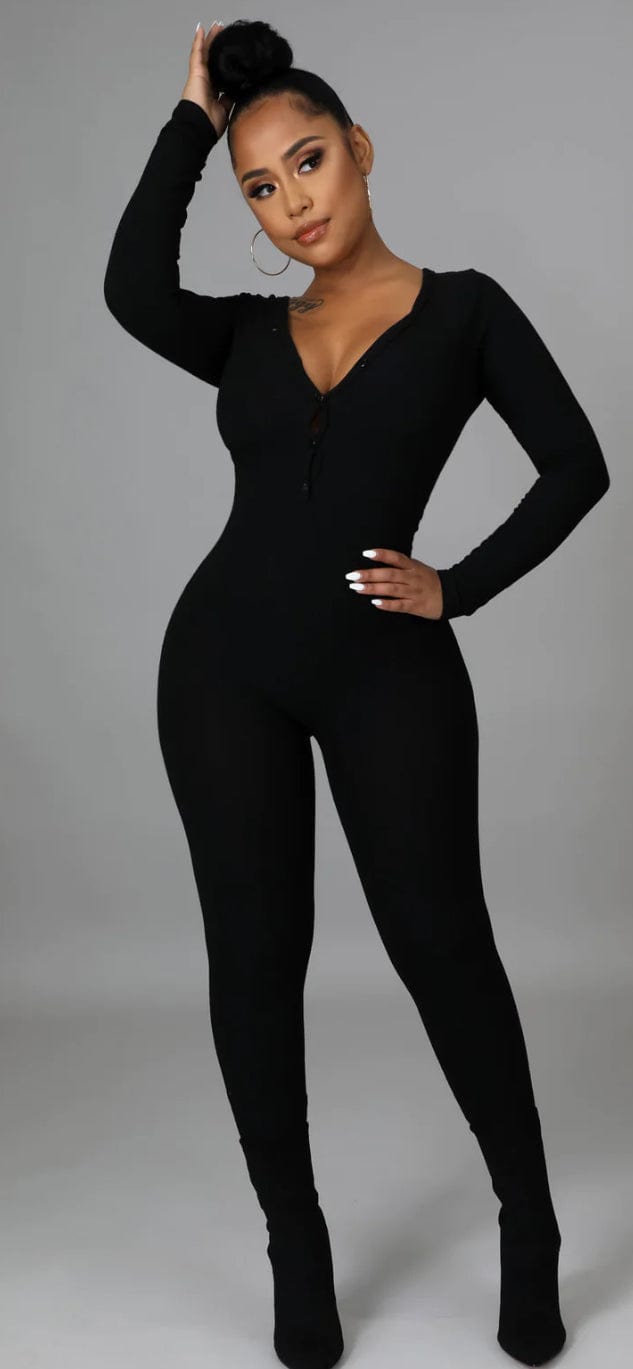 F.A.S.T Boutique RIB DEEP V NECK FRONT BUTTON JUMPSUIT