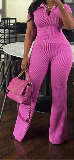 F.A.S.T Boutique RIBBED COLLAR TOP & PANTS SET