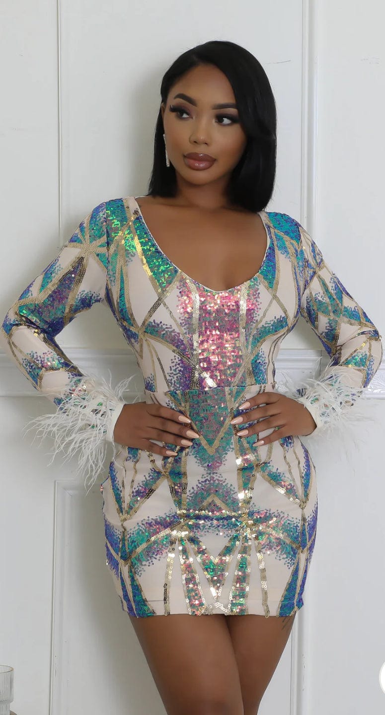 F.A.S.T Boutique SEQUINS V NECK LS MINI DRESS