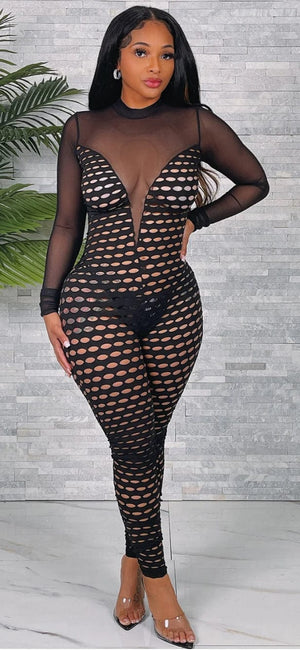 F.A.S.T Boutique ZIP BACK MESH CONTRAST JUMPSUIT