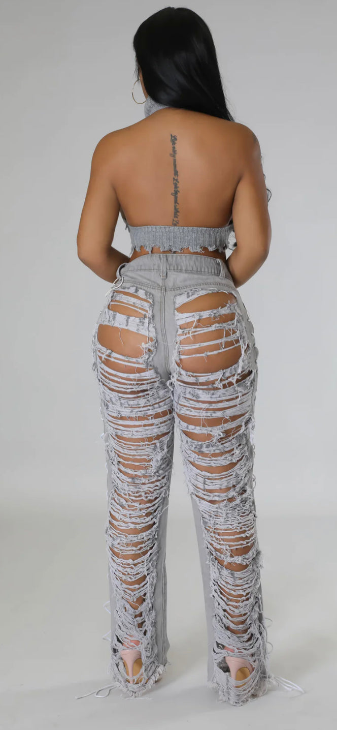 SIDE LACED DISTRESSED JEANS